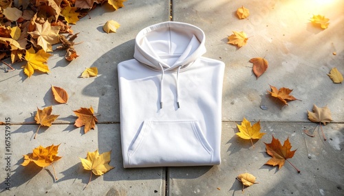 Cozy White Hoodie Surrounded by Autumn Leaves on a Pavement