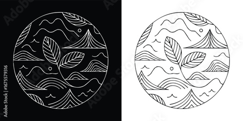 Circular line art nature emblem with mountains waves and leaves in black and white eco minimal design