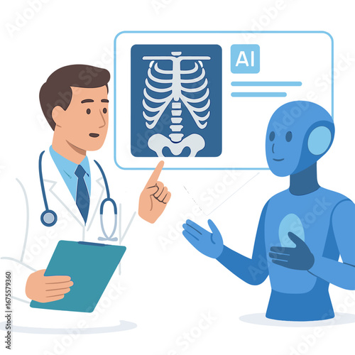 Futuristic healthcare: ai and doctor reviewing digital x-ray in flat style