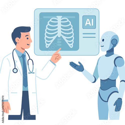 Doctor and robot discuss ai chest x-ray analysis in healthcare technology