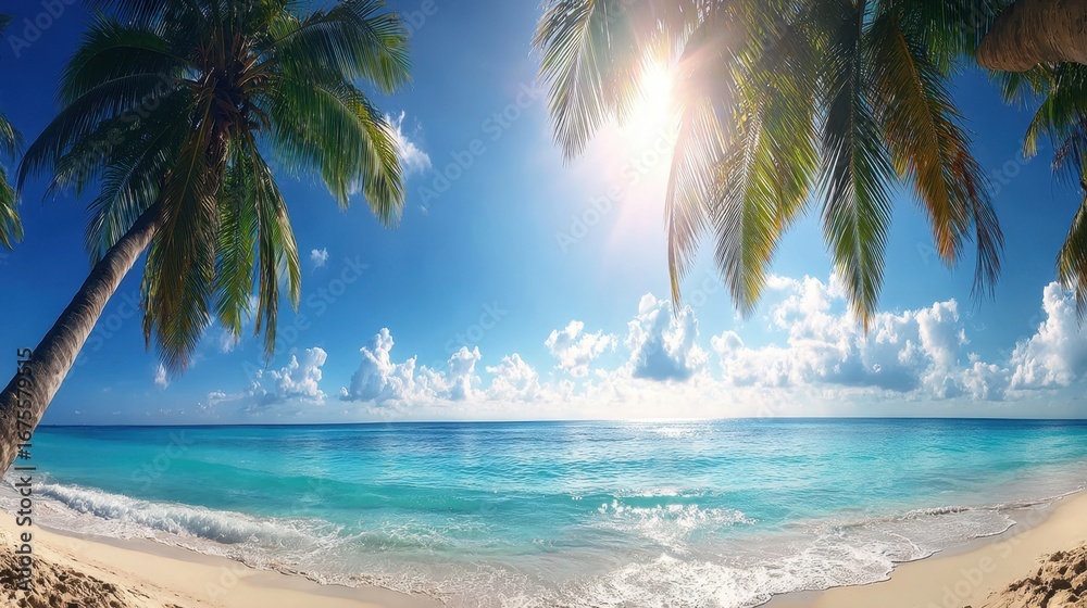 Fototapeta premium Serene Beach Scene with Palm Trees under Clear Blue Sky