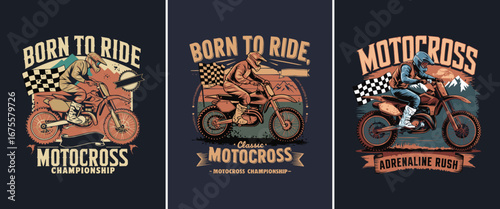 Vintage motocross rider emblem set with dirt bike racing championship adrenaline rush typography for apparel and t shirt design