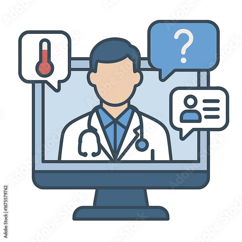 Telehealth consultation icon: doctor on screen with communication symbols