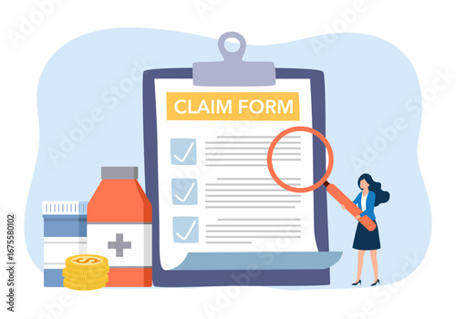 Woman with claim form document and medicines. Health insurance concept in flat design vector illustration.
