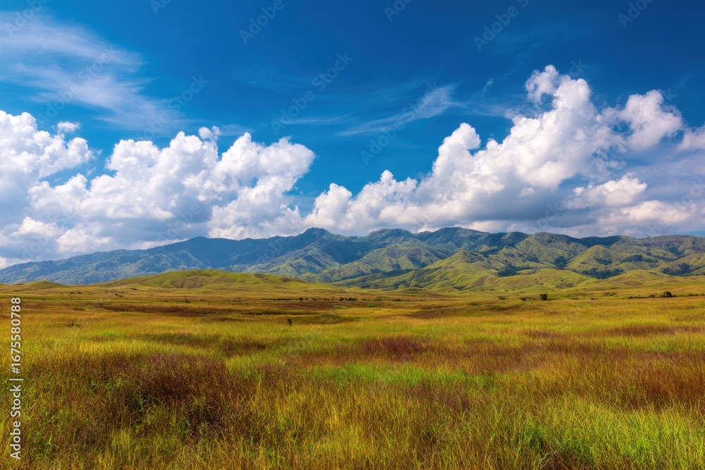 Obraz premium Breathtaking panoramic view of a verdant grassland under a vibrant blue sky with puffy clouds and distant mountains during a sunny day