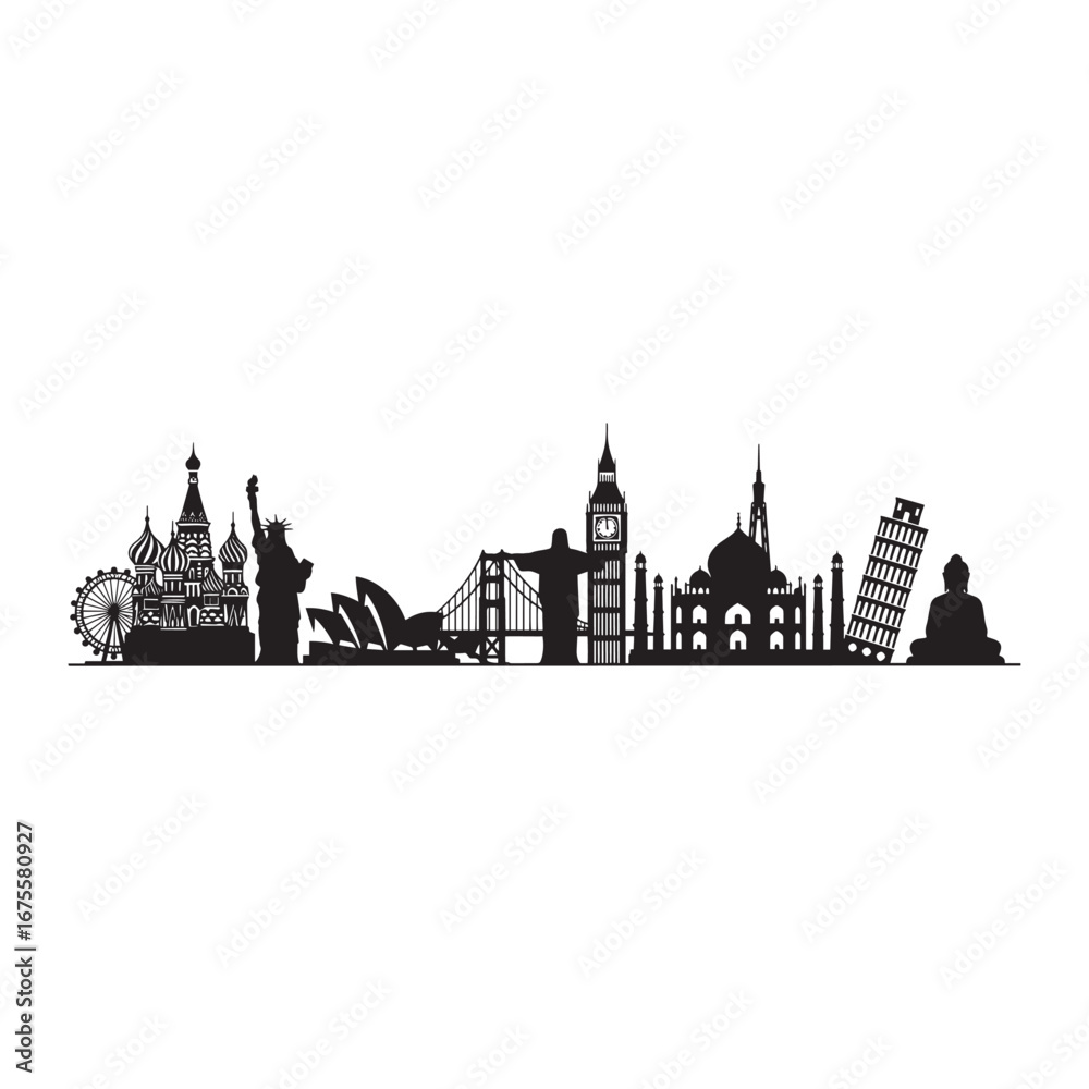 Fototapeta premium Famous world landmarks silhouette skyline. Global travel and tourism vector illustration with iconic monuments