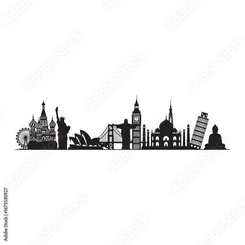 Famous world landmarks silhouette skyline. Global travel and tourism vector illustration with iconic monuments