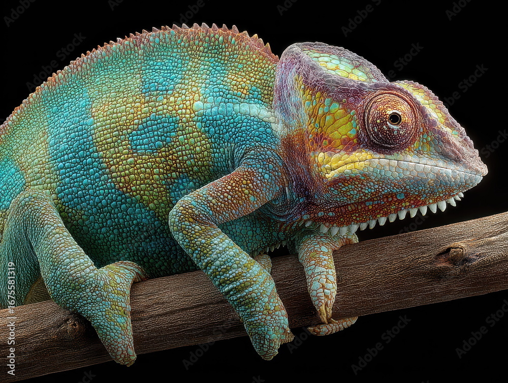 Obraz premium Chameleon climbing a branch exotic habitat wildlife photography close-up vibrant colors nature's beauty