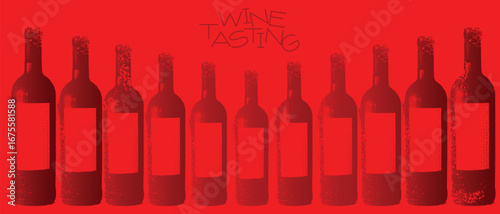 Collection of different size alcohol bottles, vector grunge illustration, shabby texture, banner red background. Restaurant flyer design, wine tasting, wine list, sommelier, kitchen decor, red wine