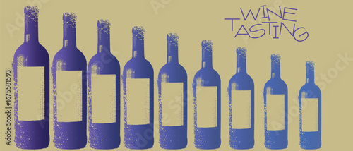 Wine tasting, poster horizontal format, bottles collection, gradient, texture abrasions, grunge, vector graphics. Illustration on the theme of drunkenness, party, wine bar, red wine, white, cabernet