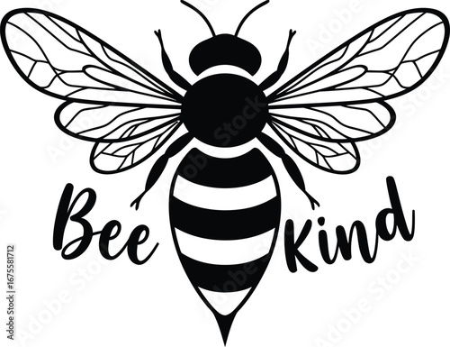 Heartfelt "Bee Kind" typography design with a detailed illustration of a bee, perfect for inspiring positivity on merchandise, apparel, and crafts for nature lovers and those promoting kindness.