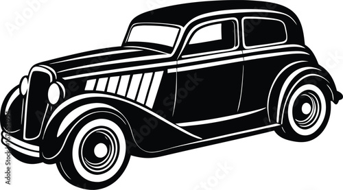 Vector art of vintage black and white illustration of a classic sedan car, isolated on a