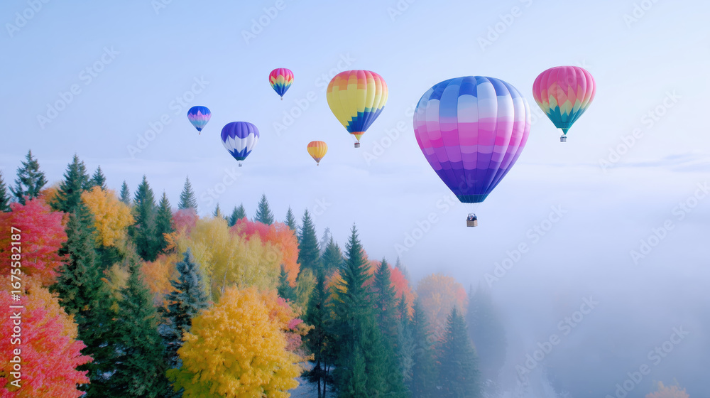 Obraz premium Colorful hot air balloons soaring above vibrant autumn trees in a serene landscape