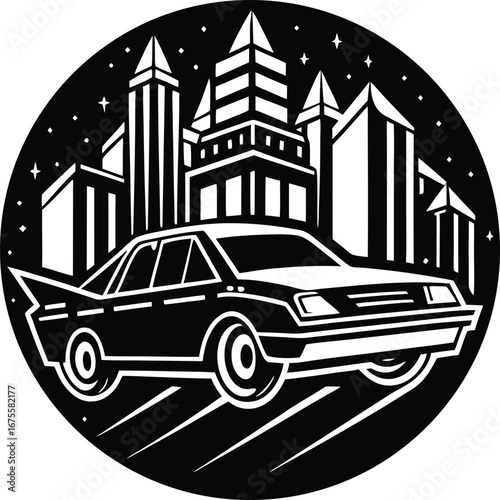 Vector art of black and white illustration of a vintage sedan with fins driving through a futuristic cityscape at night
