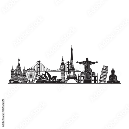 Famous world landmarks silhouette skyline. Global travel and tourism vector illustration with iconic monuments