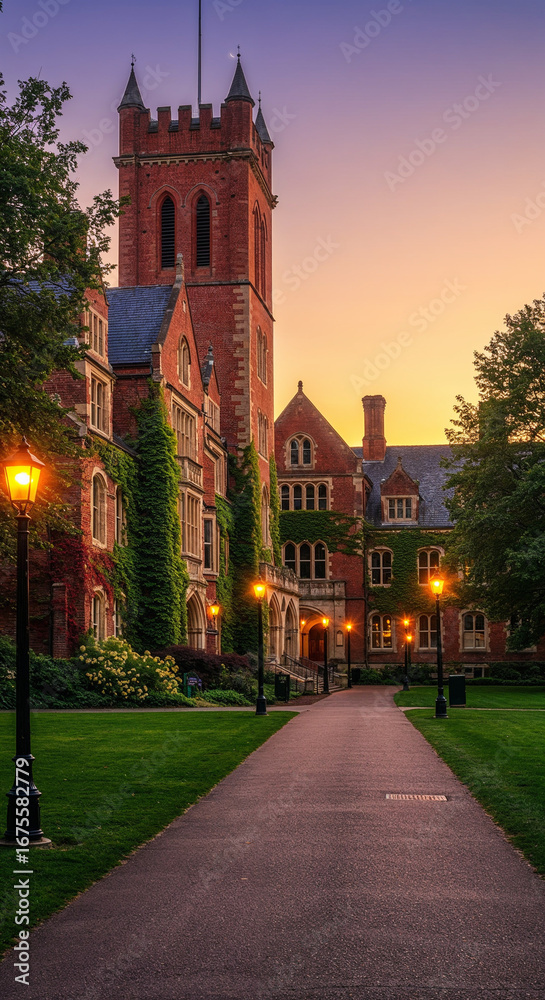 Fototapeta premium Red brick university building at sunset.