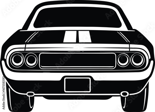 Vector art of black and white illustration of the rear view of a classic american muscle car with racing stripes