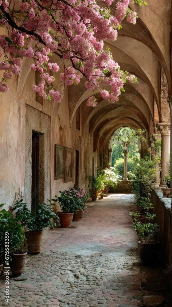 Fototapeta premium Flower-lined walkway in the courtyard