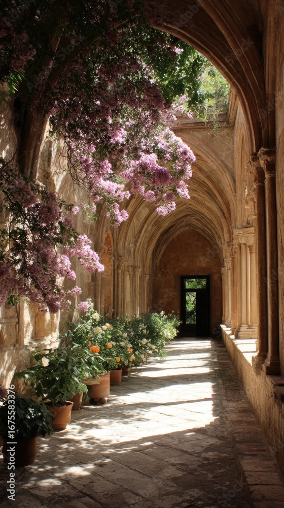Fototapeta premium Colorful flowers line a sunlit corridor of arches