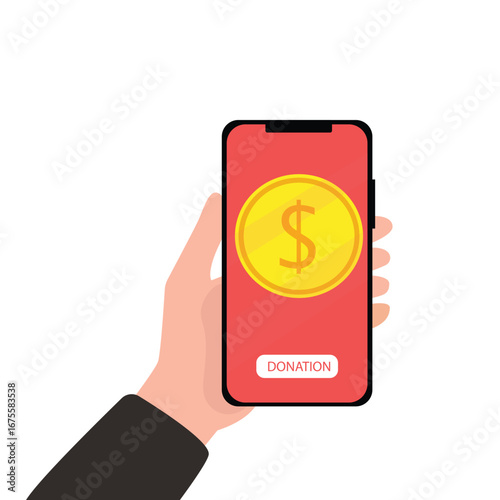 Hand holding smartphone online donation with gold coin, donation box and donate button on smartphone screen, Donation money for charity online. vector illustration