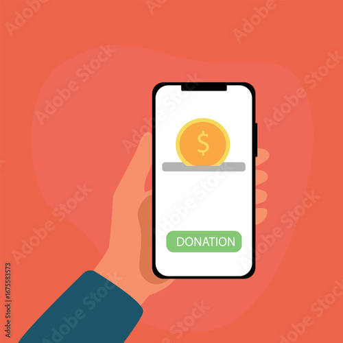 Hand holding smartphone online donation with gold coin, donation box and donate button on smartphone screen, Donation money for charity online. vector illustration