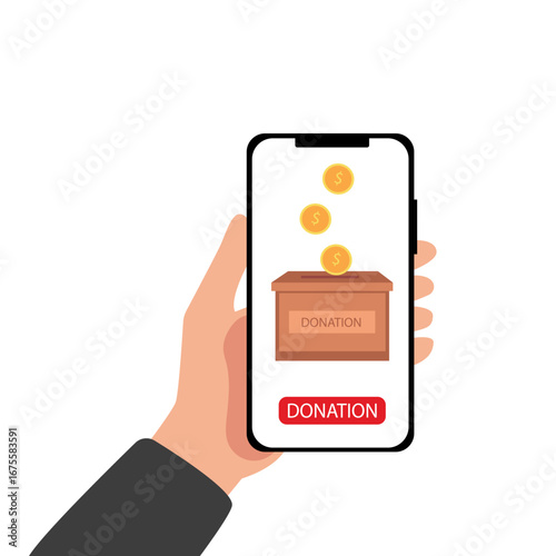Hand holding smartphone online donation with gold coin, donation box and donate button on smartphone screen, Donation money for charity online. vector illustration