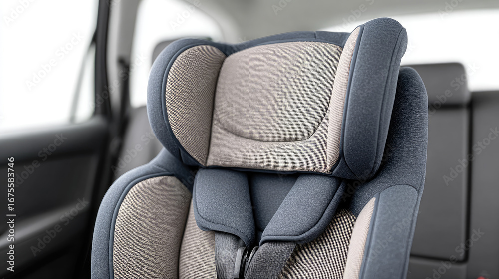 Fototapeta premium Child car seat with soft padding and safety straps in vehicle