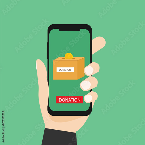 Hand holding smartphone online donation with gold coin, donation box and donate button on smartphone screen, Donation money for charity online. vector illustration