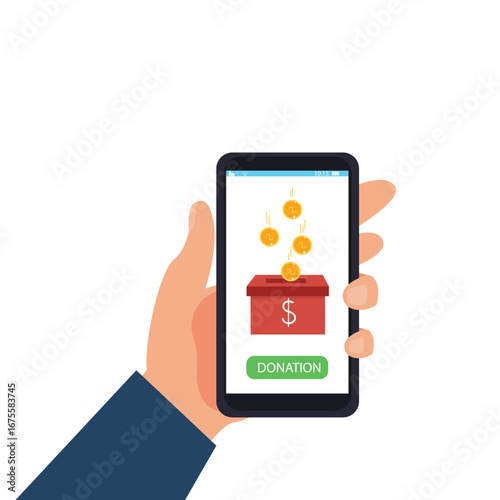 Hand holding smartphone online donation with gold coin, donation box and donate button on smartphone screen, Donation money for charity online. vector illustration