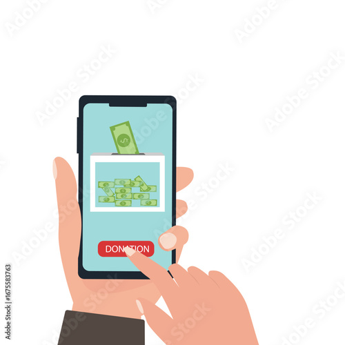 Hand holding smartphone online donation with gold coin, donation box and donate button on smartphone screen, Donation money for charity online. vector illustration