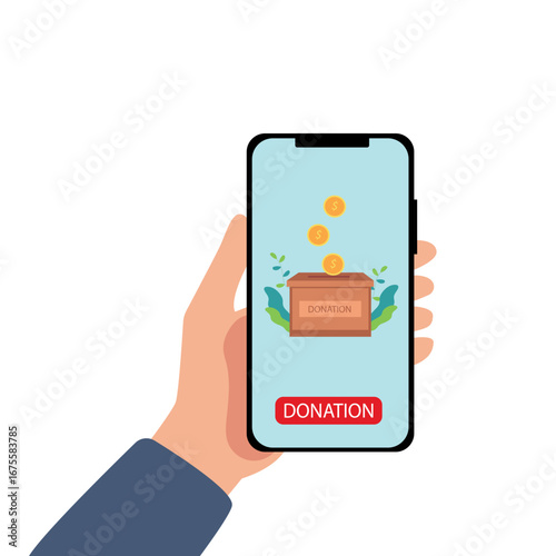 Hand holding smartphone online donation with gold coin, donation box and donate button on smartphone screen, Donation money for charity online. vector illustration