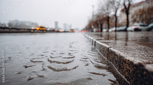 Wallpaper Mural Wet city street with rain puddles reflecting lights on gloomy day Torontodigital.ca