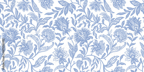 Classic seamless floral pattern in hand-drawn style featuring botanical flowers and leaves in blue monochrome. Perfect for luxury textiles, wallpaper, packaging, stationery, and fashion prints.