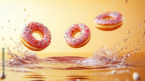 Pink Sprinkled Donuts Splashing.