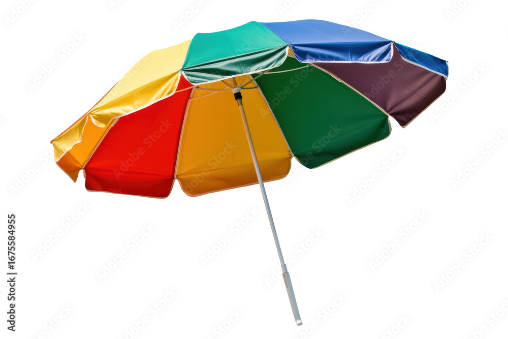 Obraz premium Colorful beach umbrella for shade and relaxation on sunny days by the ocean or lakeside, perfect for summer vacations and outdoor activities
