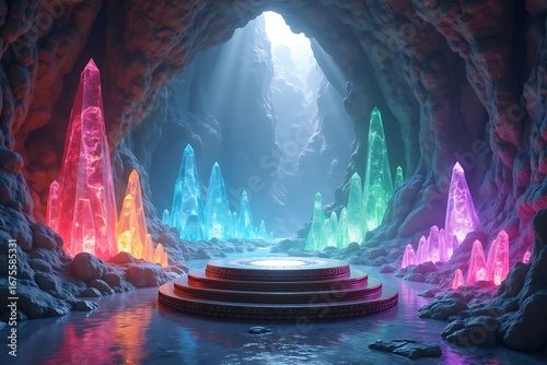 Mystical cave with glowing crystals and circular platform illuminated
