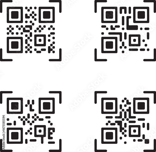 QR Code Icons Set Four Black and White Codes with Scan Label Vector Illustration