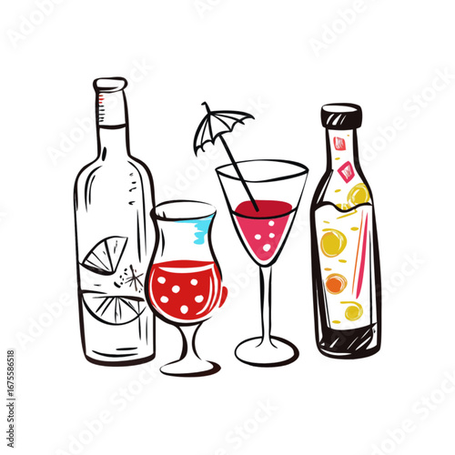 Collection of stylized digital illustrations and 3D renders of refreshing drinks and beverages.