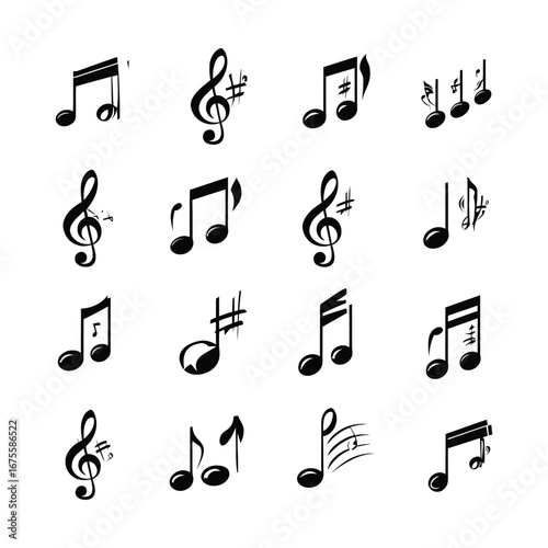 Collection of black musical notes and treble clefs arranged in a grid pattern on white background design element