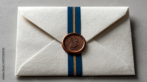 White Envelope with Navy Blue Ribbon and Copper Wax Seal on Minimal Background, Top View with Soft Shadows