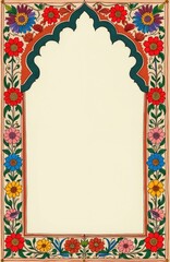 Traditional Rajasthani miniature painting features intricate floral design border with vibrant flowers in red, blue, yellow, pink. Indian art rich heritage, cultural motifs. Decorative element on