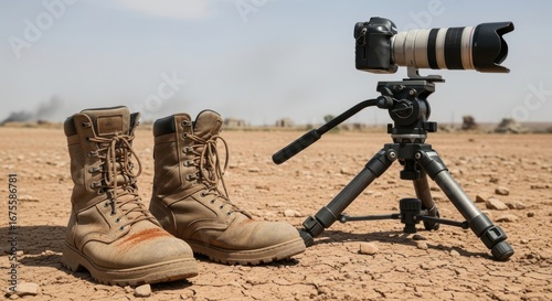 Wallpaper Mural Military Boots, Camera Tripod, and Desert Landscape Torontodigital.ca