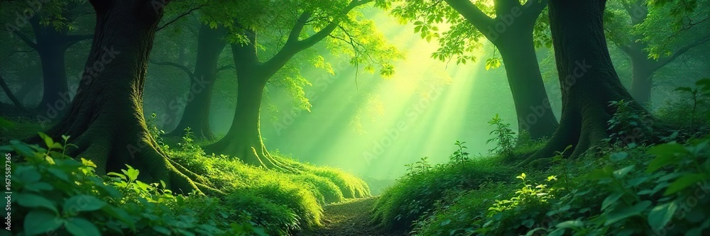 Obraz premium Lush green forest scene, dappled sunlight filtering through leaves, creating a magical, mysterious atmosphere Perfect for fantasy, nature, fairytale backgrounds , dappled, wildlife, summer