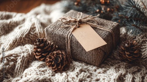 Rustic brown gift box with blank tag placed on cozy knit sweater surrounded by pine branches and pinecones, perfect for christmas packaging, winter holiday decoration, and festive seasonal greeting ca