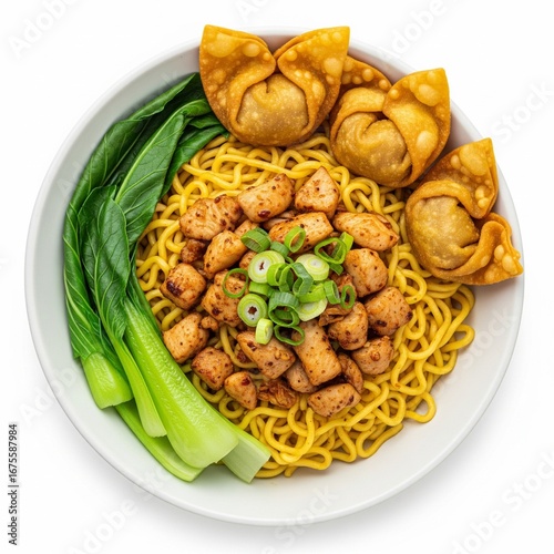 Top View 3D Render of Indonesian Chicken Noodles with Wontons (Mie Ayam Pangsit)