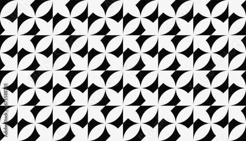 Seamless geometric pattern with black leaf-like semicircle shapes on a white background. Minimalist abstract vector design perfect for wallpapers, textiles, packaging, and digital backgrounds