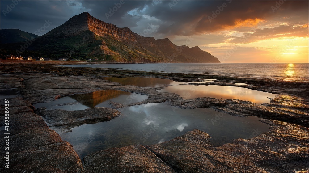 Obraz premium Serene Sunset Over Rocky Shores and Majestic Mountain Reflection