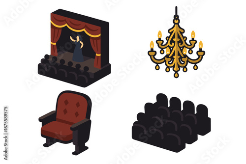 Isometric opera icon set. Flat vector illustration of a theatre performance with stage, curtains, opera singer, audience, chandelier, and seat. Classic concert hall elements.