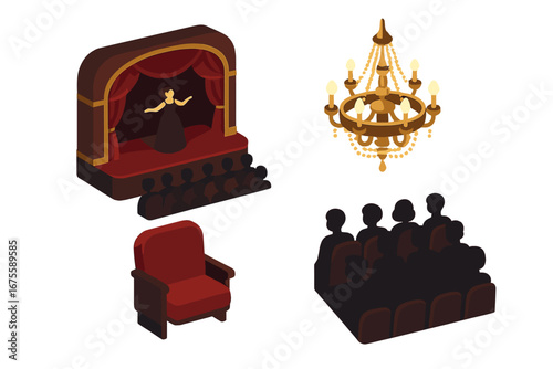 Opera theater isometric icon set. Stage performance with singer and audience. Red curtain, grand chandelier, velvet seat. Classic culture vector illustration for design element.