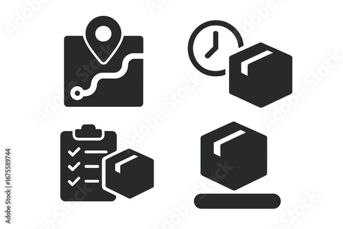 Order tracking icon set. Solid glyph symbols for delivery, logistics, and shipping. Vector collection of package status, GPS route map, delivery time, and e-commerce checklist.